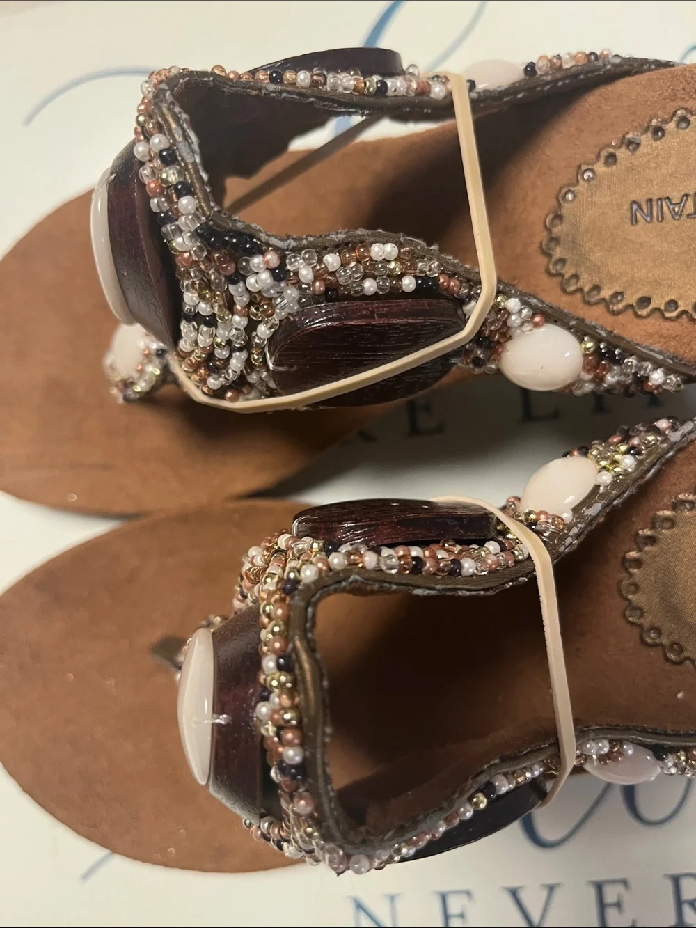 White Mountain Brown Beaded Thong Sandals with White Stone Accents